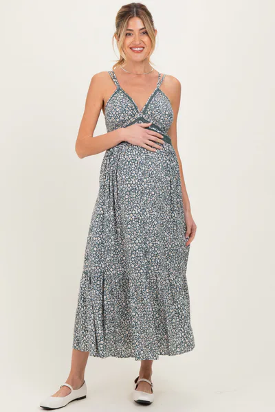 PinkBlush Olive Floral Lace Detail Strappy Maternity Maxi Dress