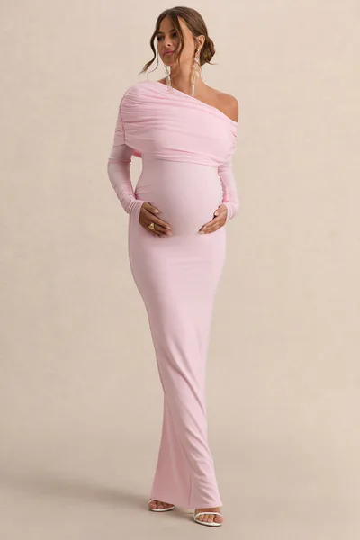 Club L London Carleigh | Light Pink Asymmetric-Neck Maternity Maxi Dress With Draped Detailing