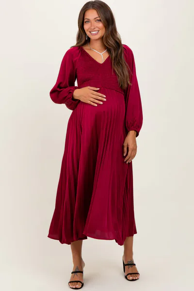 PinkBlush Burgundy Satin Smocked Pleated Maternity Midi Dress