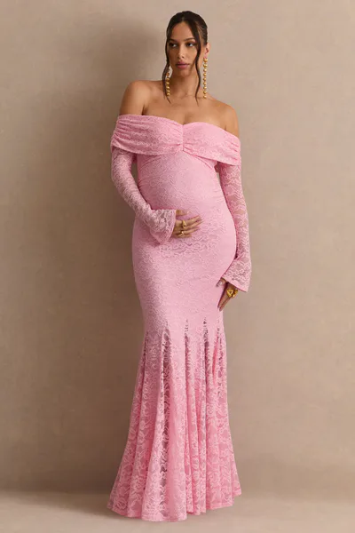 Club L London Valleria | Light Pink Lace Bardot-Neck Maternity Maxi Dress