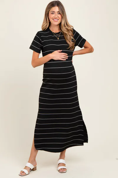PinkBlush Black Striped Short Sleeve Side Slit Maternity Midi Dress