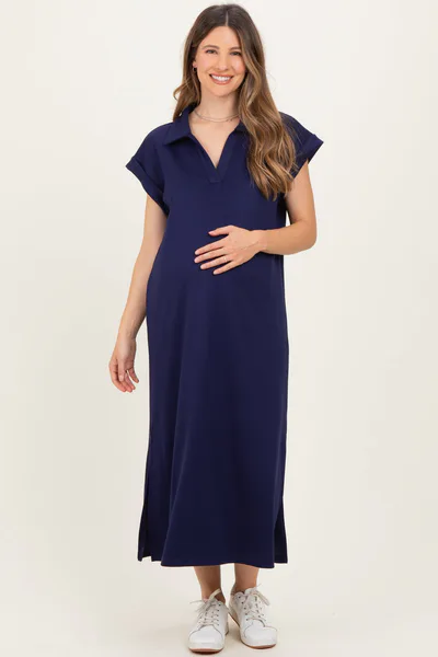 PinkBlush Navy Collared Oversized Maternity Midi Dress