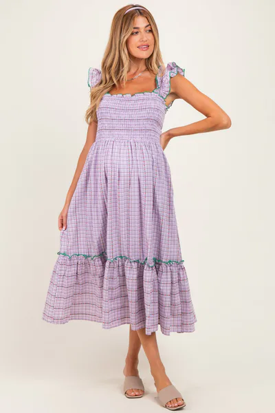 PinkBlush Lavender Plaid Smocked Ruffle Accent Maternity Midi Dress