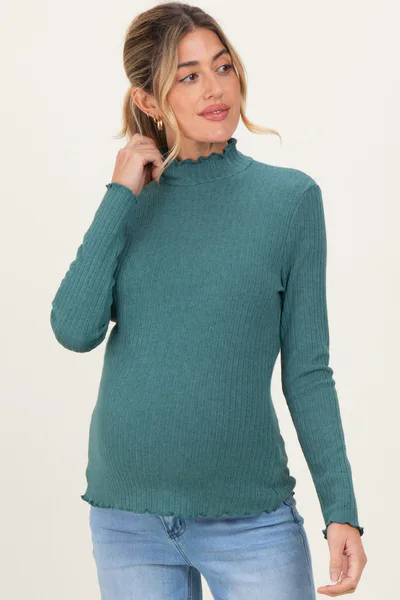PinkBlush Jade Ribbed Mock Neck Ruffle Hem Maternity Long Sleeve Top