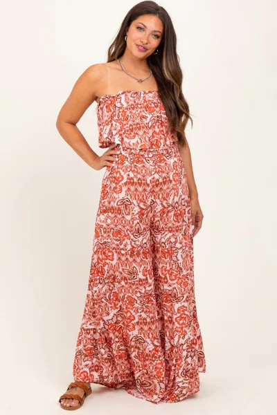 PinkBlush Rust Floral Strapless Ruffle Wide Leg Maternity Jumpsuit