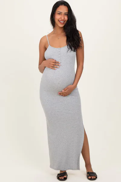 PinkBlush Heather Grey Button Detail Sleeveless High Slit Maternity Maxi Dress
