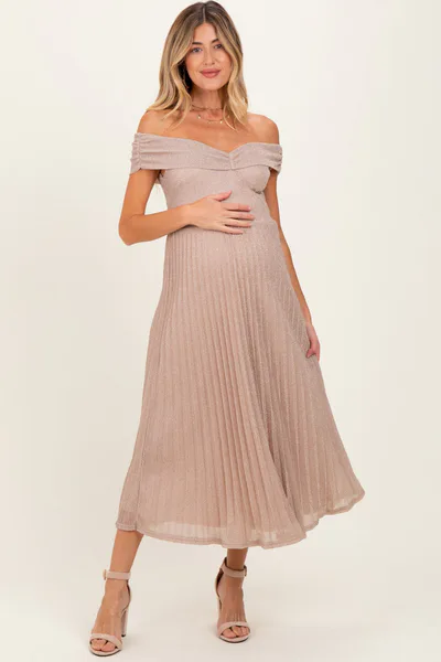 PinkBlush Beige Shimmer Off Shoulder Pleated Maternity Midi Dress