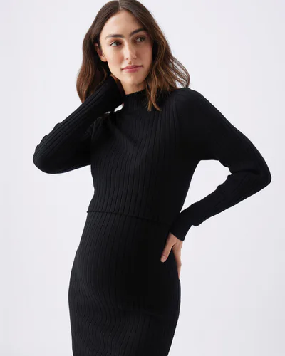 Ripe Maternity Nella Rib Nursing Knit Dress  Black