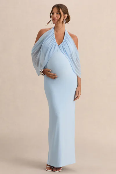 Club L London Caris | Light Blue Bardot-Neck Maternity Maxi Dress