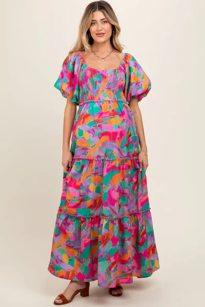 PinkBlush Lavender Multi Color Floral Puff Sleeve Maternity Maxi Dress