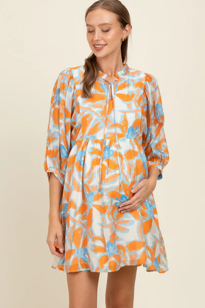 PinkBlush Orange Abstract Floral Front Tie 3/4 Sleeve Maternity Dress