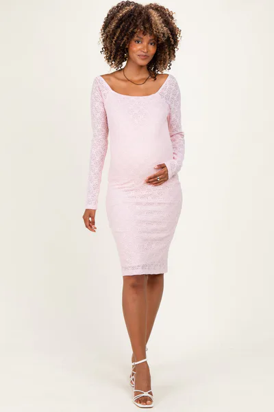 PinkBlush Light Pink Long Sleeve Fitted Lace Maternity Dress
