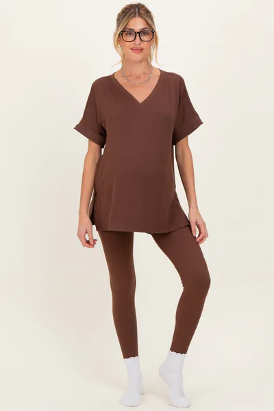 PinkBlush Brown Oversized V-Neck Tee Legging Maternity Lounge Set