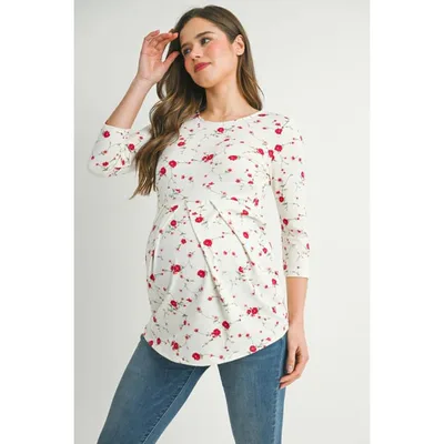 Target Hello Miz Women's Round Neck 3/4 Sleeve Front Pleat Maternity Top - Ivory Red Floral - X Large
