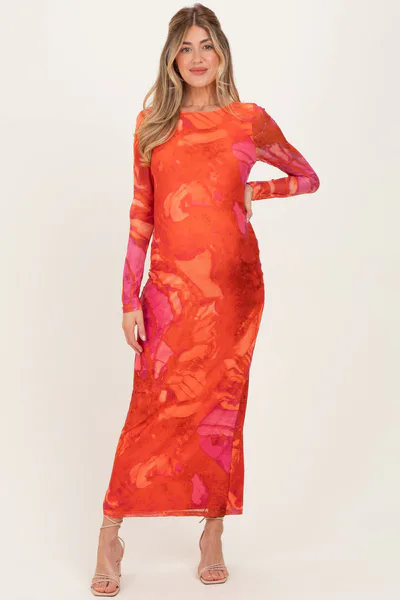 PinkBlush Coral Printed Mesh Open Back Maternity Maxi Dress