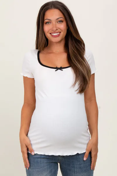 PinkBlush White Ribbed Short Sleeve Maternity Top