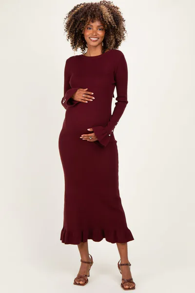 PinkBlush Burgundy Ribbed Knit Bow Back Maternity Maxi Dress