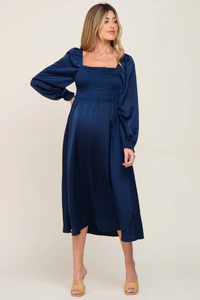 PinkBlush Navy Blue Smocked Square Neck Satin Maternity Midi Dress