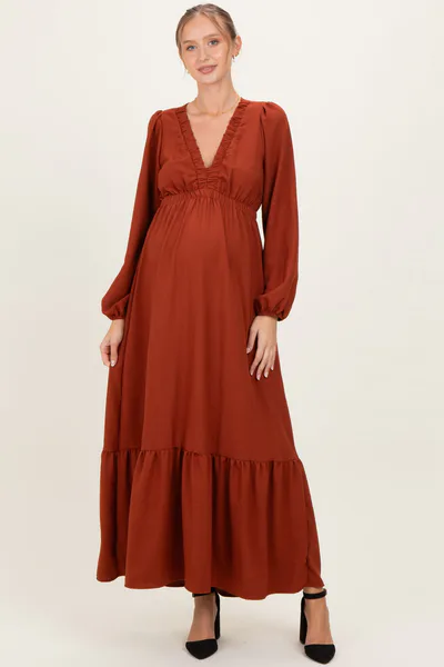 PinkBlush Rust Long Sleeve V-Neck Tiered Maternity Maxi Dress