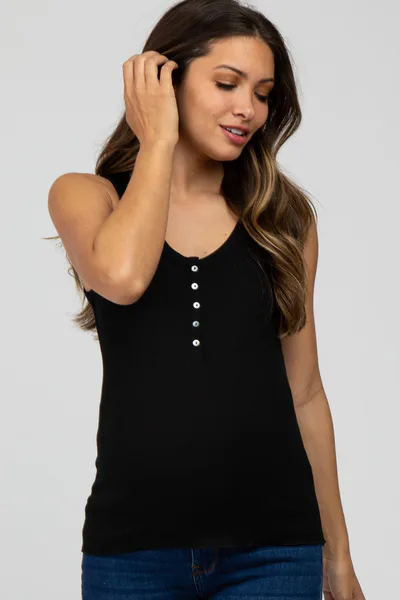 PinkBlush Black Ribbed Button Front Maternity Tank Top