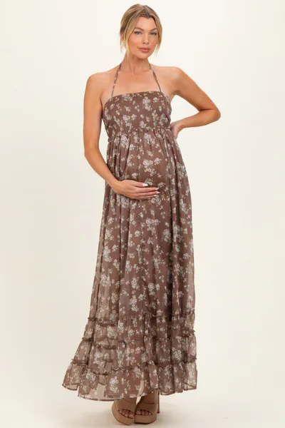PinkBlush Brown Floral Smocked Open Back Maternity Maxi Dress