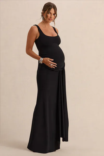 Club L London Felise | Black Scoop-Neck Maternity Maxi Dress With Gathered Detailing