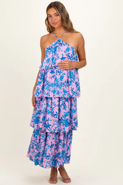 PinkBlush Pink Floral Flowy Tiered Maternity Maxi Dress