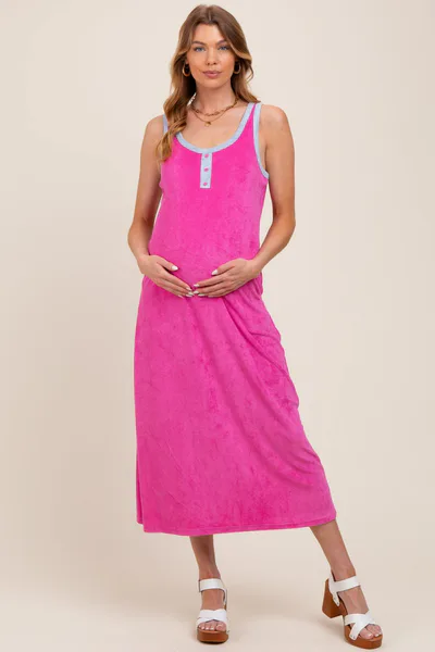 PinkBlush Fuchsia Contrast Trim Terry Knit Sleeveless Maternity Dress