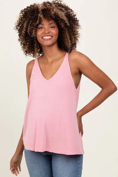 PinkBlush Light Pink Ribbed V-Neck Flowy Maternity Tank