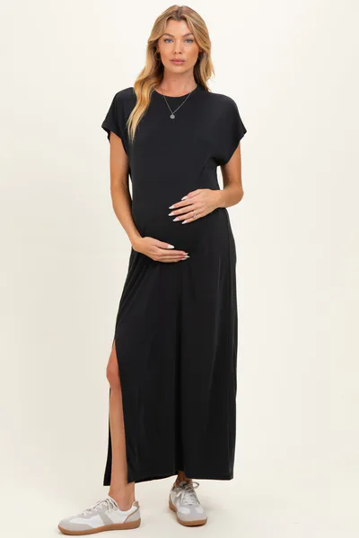 PinkBlush Vintage Black Boxy Side Slit Maternity Maxi Dress