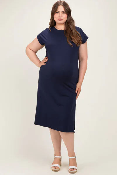 PinkBlush Navy Plus Round Neck Maternity Short Sleeve Midi Dress