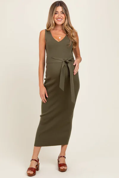PinkBlush Olive Sleeveless Ribbed Belted Midi Maternity Dress