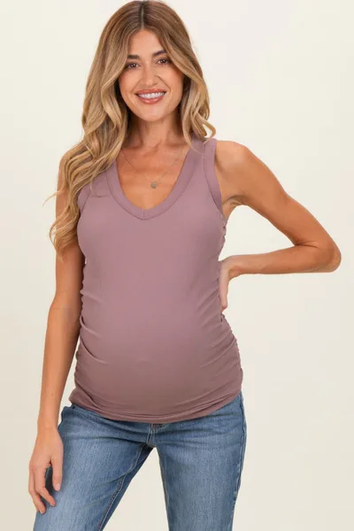 PinkBlush Dark Mauve Ribbed Sleeveless Ruched Maternity Tank Top