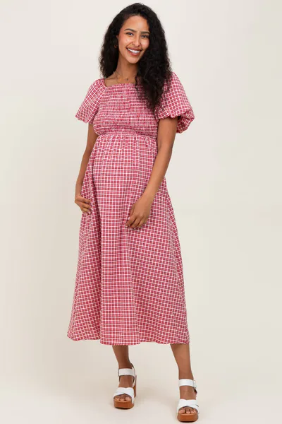 PinkBlush Red Textured Plaid Pen Back Maternity Midi Dress