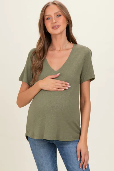 PinkBlush Fern Linen Blend V-Neck Short Sleeve Maternity T-Shirt