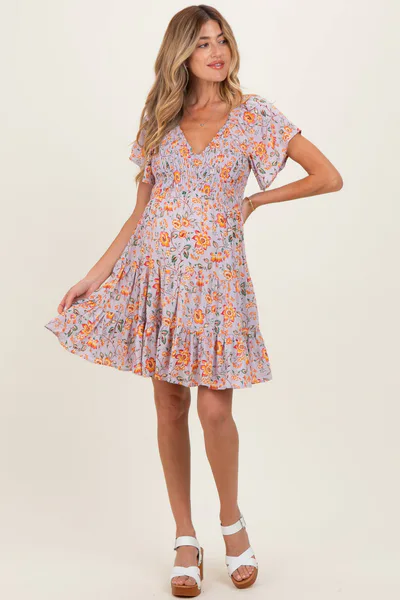 PinkBlush Lavender V Neck Smocked Bodice Floral Print Maternity Dress