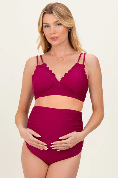 PinkBlush Burgundy Scalloped V-Neck High Waist Two-Piece Maternity Swimsuit