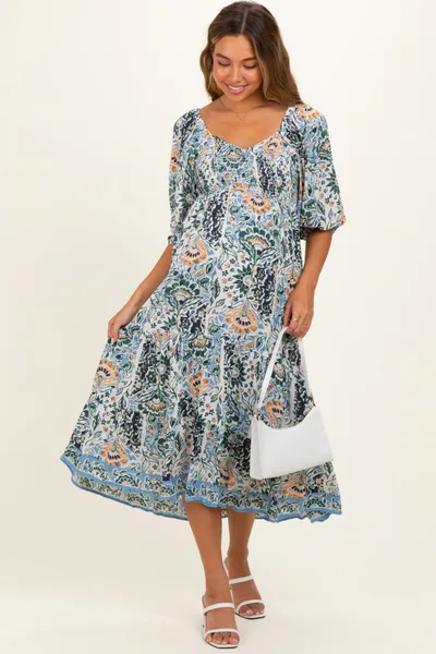 PinkBlush Blue Printed Smocked 3/4 Sleeve Maternity Midi Dress