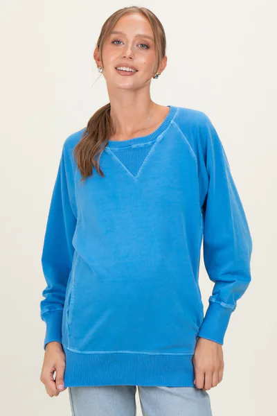 PinkBlush Classic Blue Vintage Wash French Terry Maternity Pullover