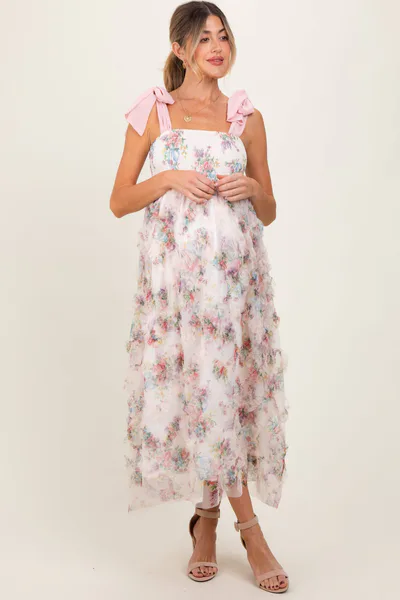 PinkBlush Cream Floral Smocked Shoulder Tie Ruffled Maternity Midi Dress