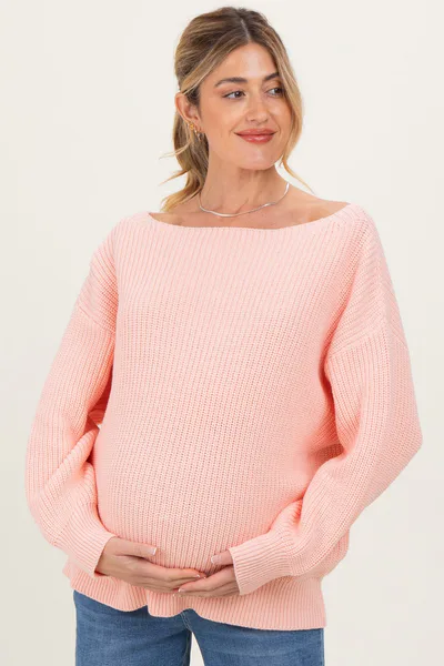 PinkBlush Peach Chunky Knit Boat Neck Maternity Sweater