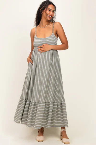 PinkBlush Olive/ Off White Striped Sleeveless Ruffle Hem Maternity Maxi Dress