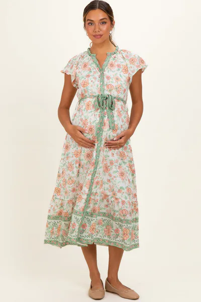 PinkBlush Olive Contrast Floral Maternity Shirt Dress