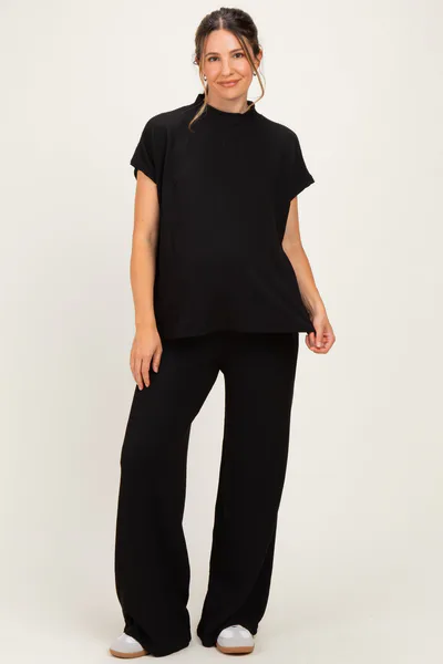 PinkBlush Black Textured Rib Mock Neck Short Sleeve Pant Maternity Set
