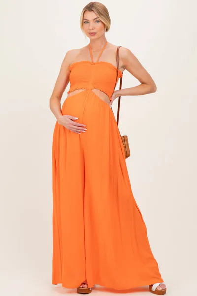 PinkBlush Orange Smocked Drawstring Halter Side Cutout Maternity Jumpsuit