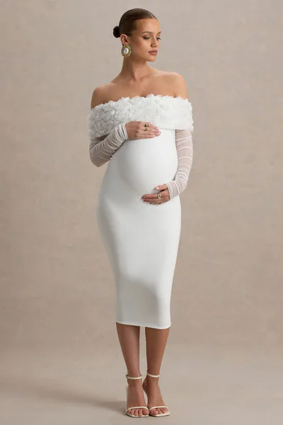 Club L London Adita | White Mesh Floral Bardot Maternity Midi Dress
