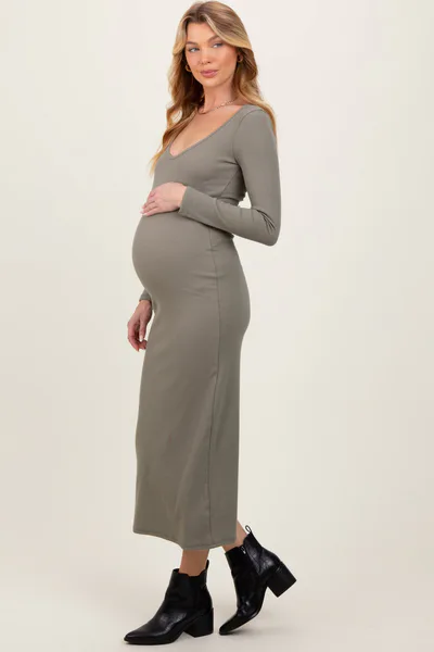 PinkBlush Olive Scoop Neck Long Sleeve Maternity Midi Dress