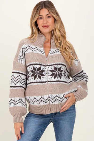 PinkBlush Brown Fair Isle Print Zip Up Maternity Sweater Jacket
