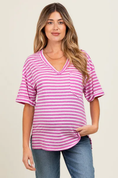 PinkBlush Mauve Striped Oversized V-Neck Front Pocket Maternity T-Shirt