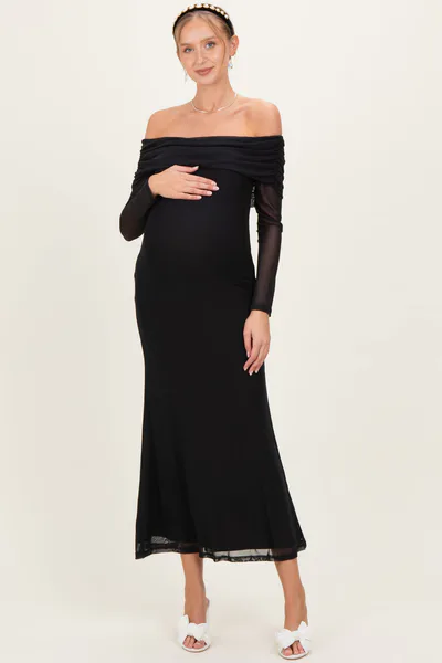 PinkBlush Black Mesh Off Shoulder Long Sleeve Maternity Maxi Dress